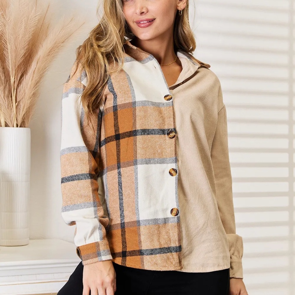 Double Take Perfee Plaid Print Dropped Shoulder Shirt